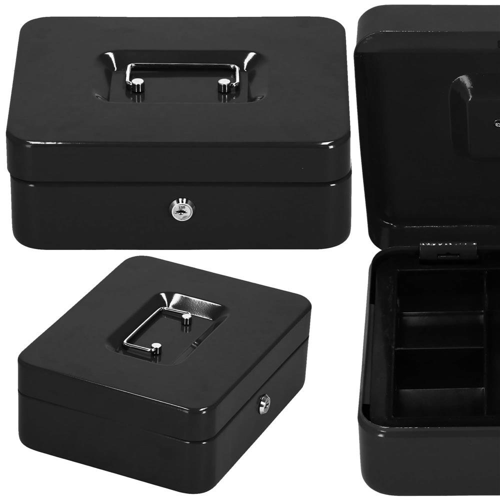 Caseta pentru bani tip cutie de valori, compartimentanta, cu cheie, metal, 30x24x9cm, negru - imagine 12