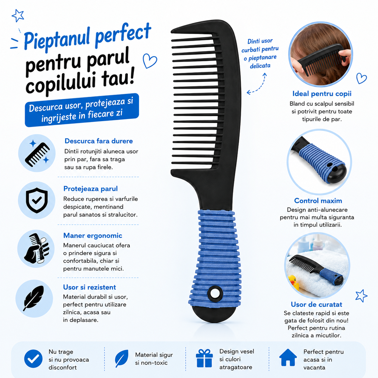 Pieptan pentru Par Top Choice 1208 Popular, negru, cu Maner Ergonomic si Forma Curbata - imagine 2