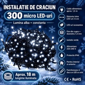 Instalatie lumini pentru bradul de Craciun, 19,5 metri, 300 LED-uri, alb