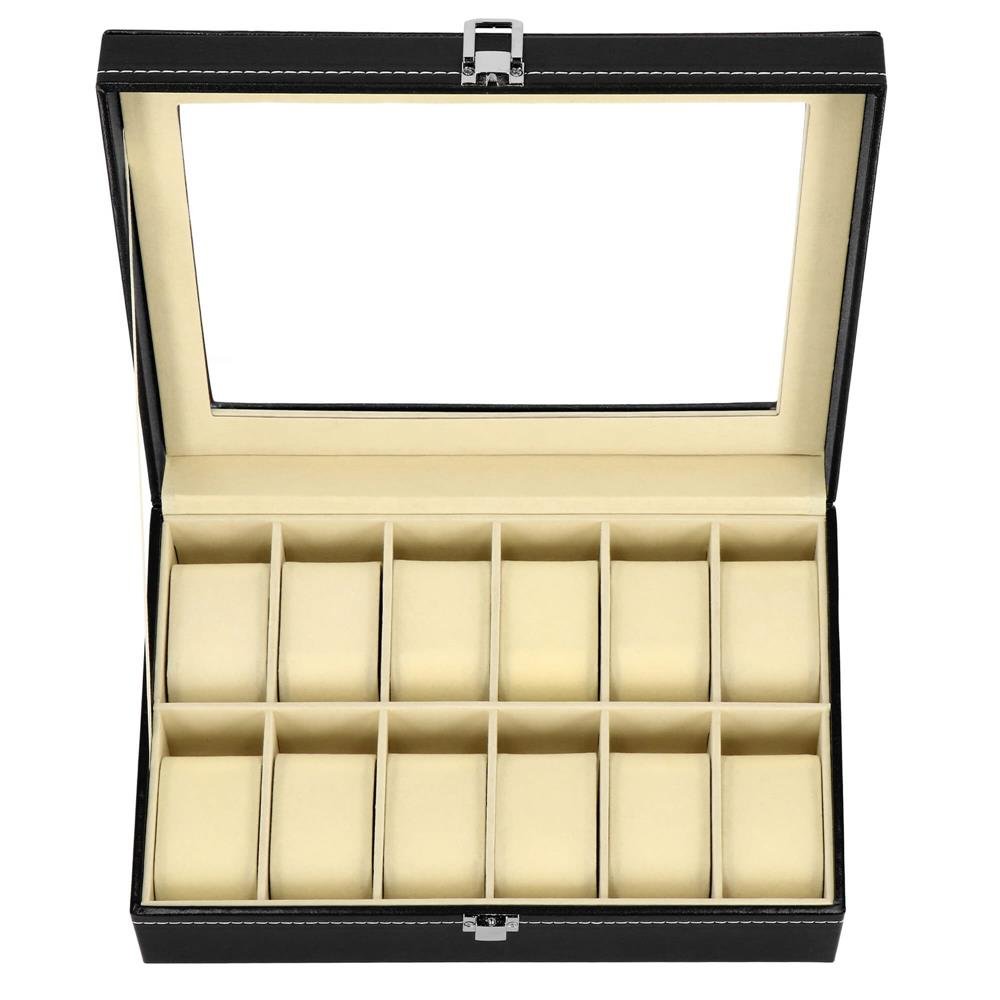 Cutie depozitare si organizare ceasuri, MDF, piele ecologica, 30x20x8cm, negru interior crem - imagine 16