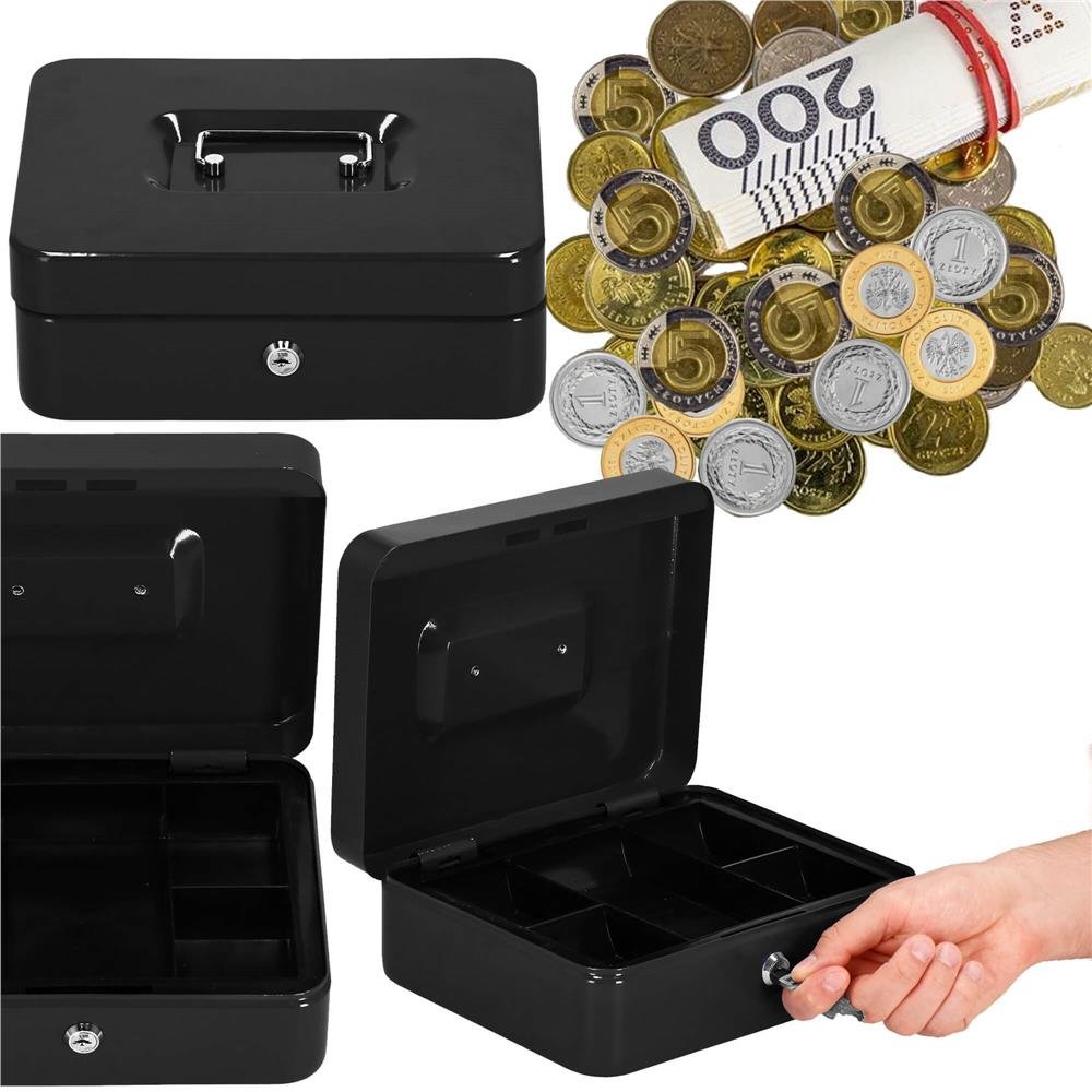 Caseta pentru bani tip cutie de valori, compartimentanta, cu cheie, metal, 30x24x9cm, negru - imagine 20