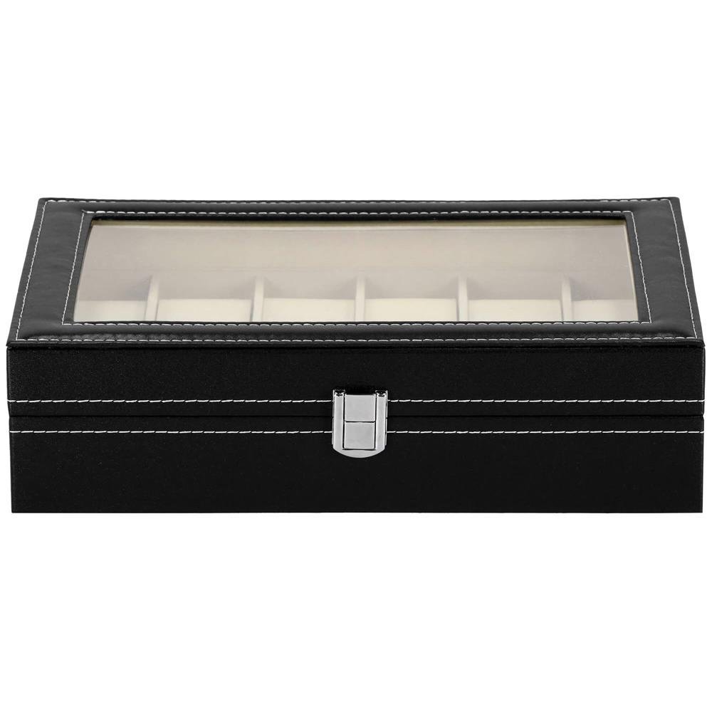 Cutie depozitare si organizare ceasuri, MDF, piele ecologica, 30x20x8cm, negru interior crem - imagine 2
