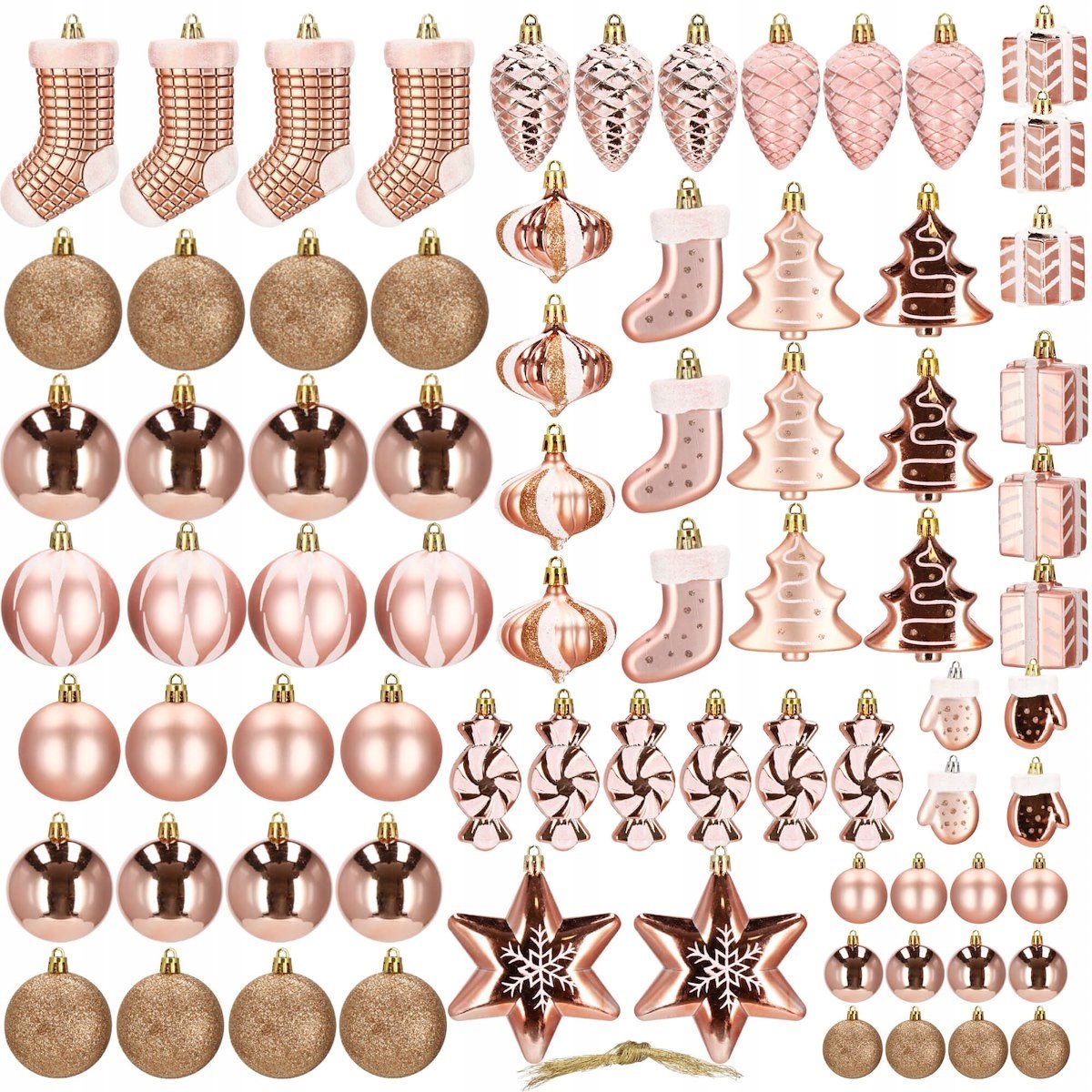 Set globuri si decoratiuni de Craciun, 77 piese, diverse dimensiuni, roz auriu - imagine 2