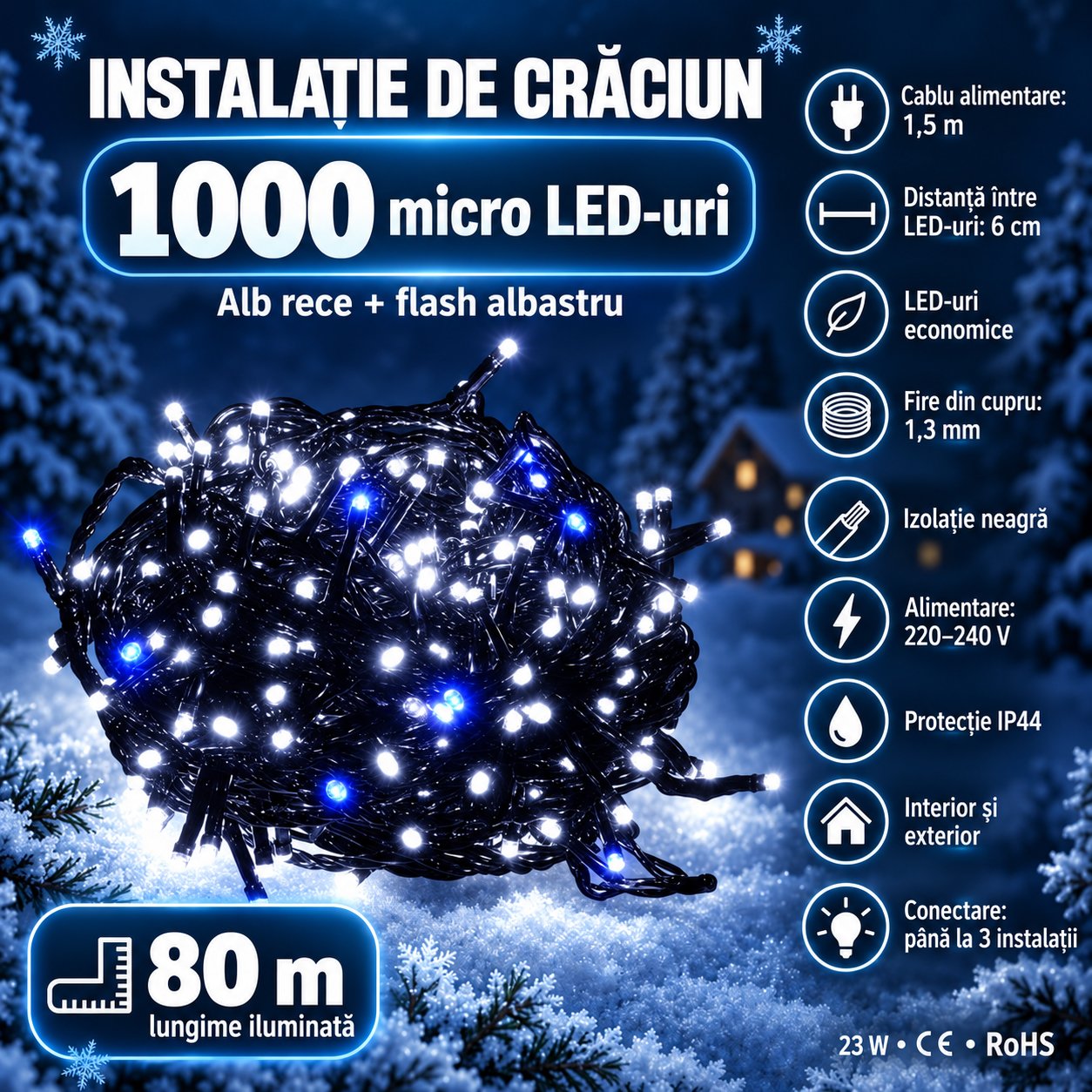 Instalatie luminoasa LED exterior/interior, 1000 LED-uri alb rece cu flash albastru, 80 m, lumina constanta + flash, IP44, conectabila - imagine 2