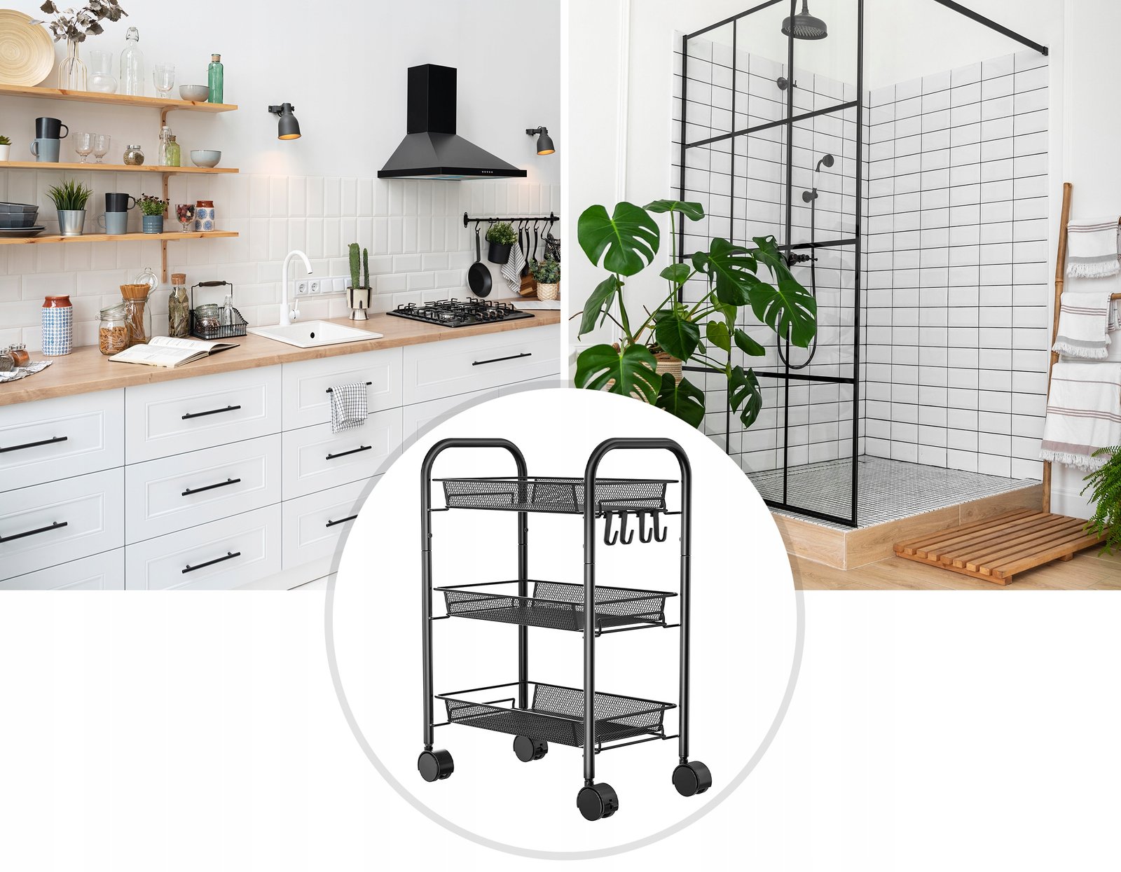 Raft metalic mobil tip carucior pentru bucatarie, 3 polite si 4 agatatori, negru, 44x26x64cm - imagine 4