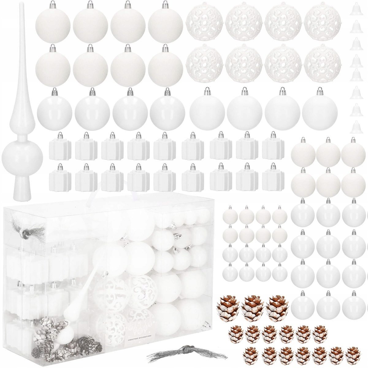 Set globuri si decoratiuni de Craciun, 101 piese, diverse dimensiuni, alb - imagine 8