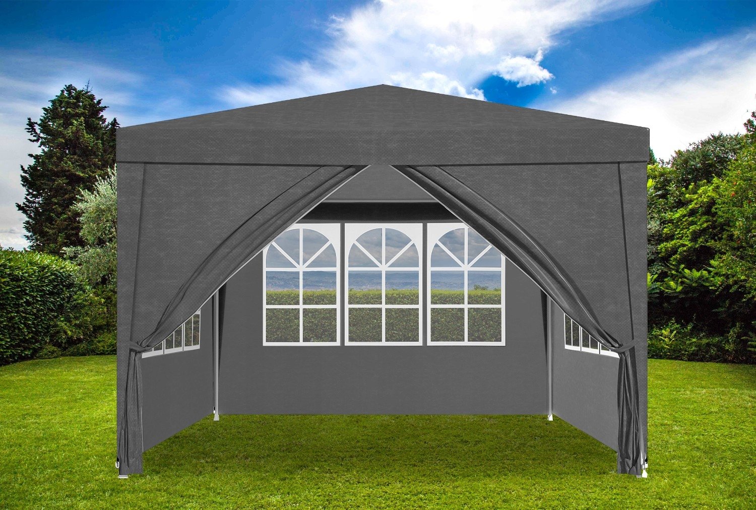Cort pavilion de gradina, 300x300 cm, cu 4 pereti laterali cu ferestre, impermeabil cu rezistenta UV, gri - imagine 3