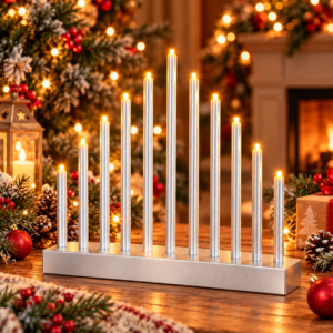 Sfesnic decorativ de Advent cu 9 lumanari LED, argintiu