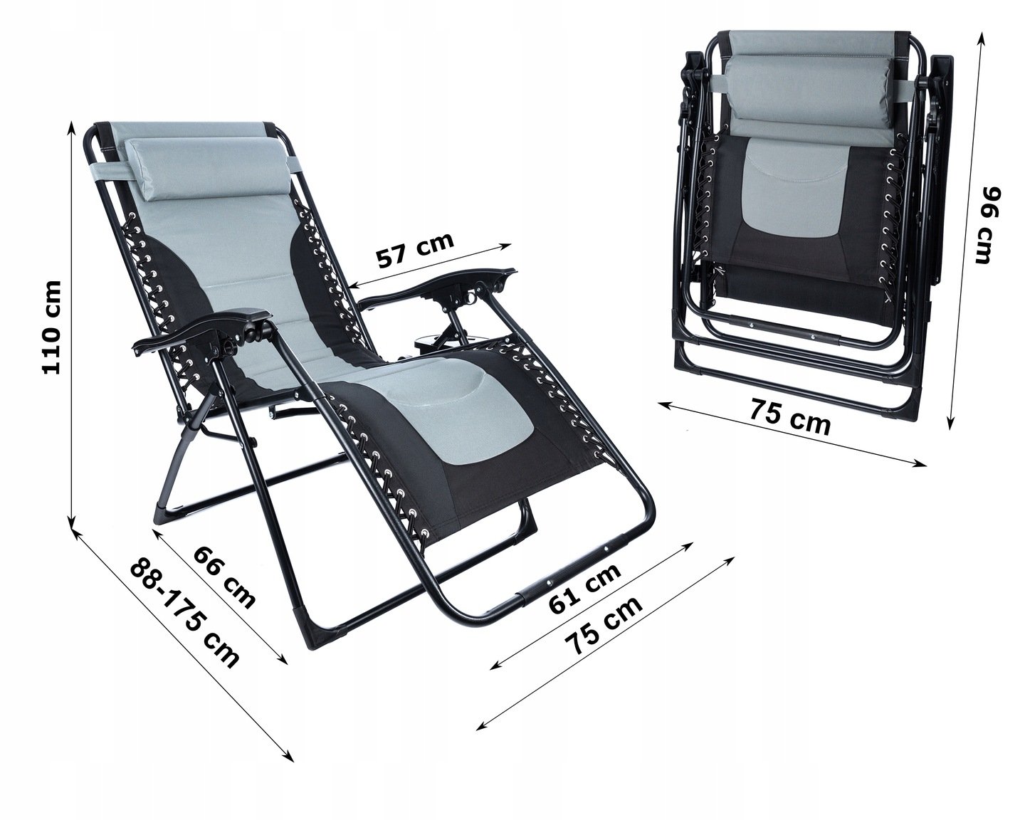 Sezlong scaun pliant plaja sau gradina, Siesta, gravitatie zero, cu tetiera, 175x75x110 cm, negri gri - imagine 10