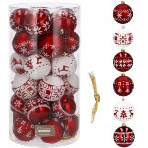 Set globuri de Craciun cu modele de sarbatori, 30 bucati, 7cm, alb rosu