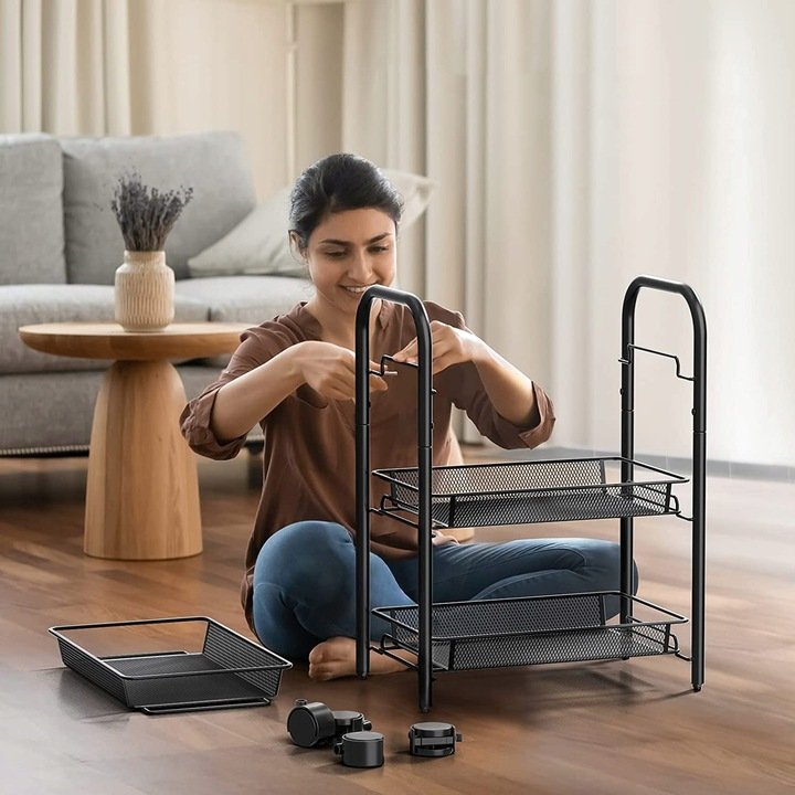 Raft metalic mobil tip carucior pentru bucatarie, 3 polite si 4 agatatori, negru, 44x26x64cm - imagine 9