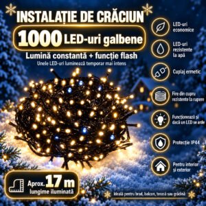 Instalatie lumini pentru bradul de Craciun, 18,5 metri, 300 LED-uri cu flash, galben