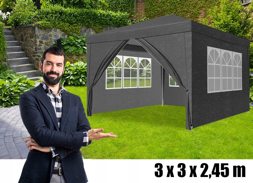 Cort pavilion de gradina, 300x300 cm, cu 4 pereti laterali cu ferestre, impermeabil cu rezistenta UV, gri - imagine 9