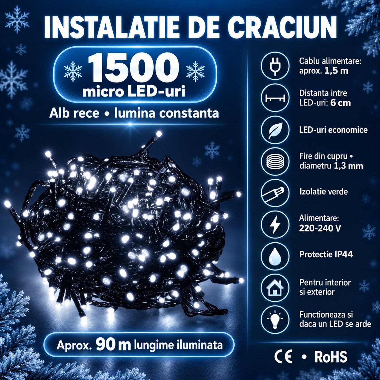 Instalatie lumini pentru bradul de Craciun, 91,5 metri, 1500 LED-uri, alb rece - imagine 2