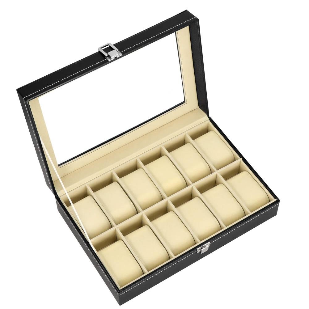 Cutie depozitare si organizare ceasuri, MDF, piele ecologica, 30x20x8cm, negru interior crem - imagine 14