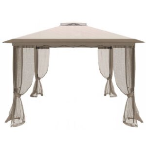 Cort pavilion de gradina tip pergola, automat pop-up, 300×300 cm, cu 4 pereti laterali cu plasa, impermeabil cu rezistenta UV, bej
