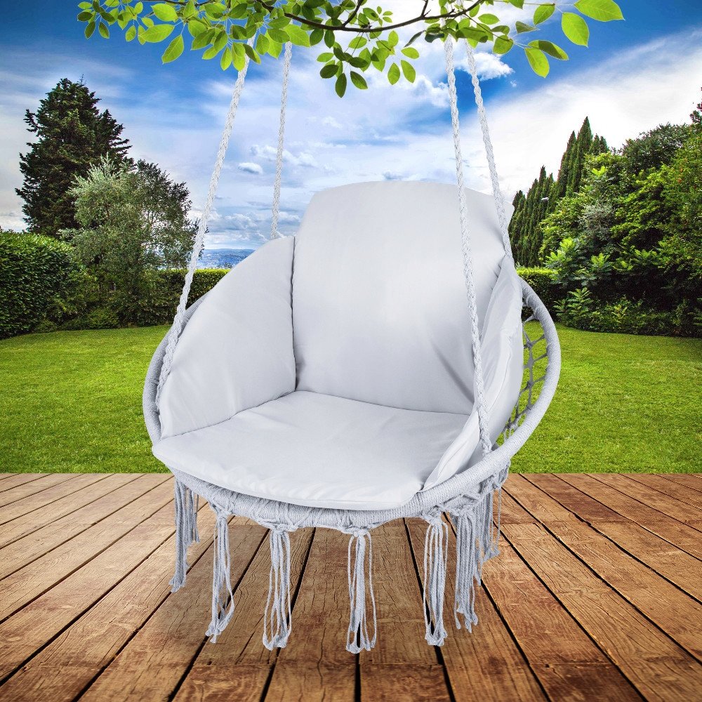 Scaun rotund Sersimo tip leagan suspendat cu perna Confort casa sau gradina, gri - imagine 10