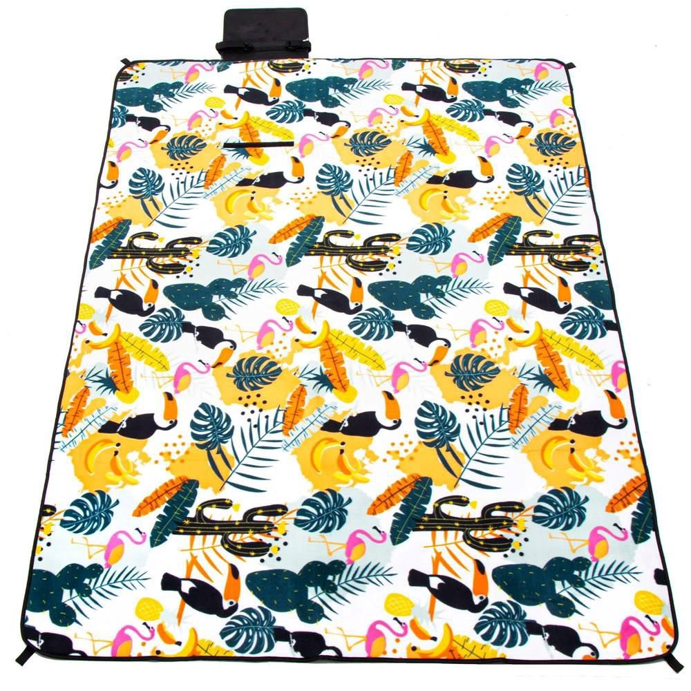 Patura pentru picnic sau plaja, cu folie izolatoare si maner, 150x200cm, model tropical, alb verde - imagine 6