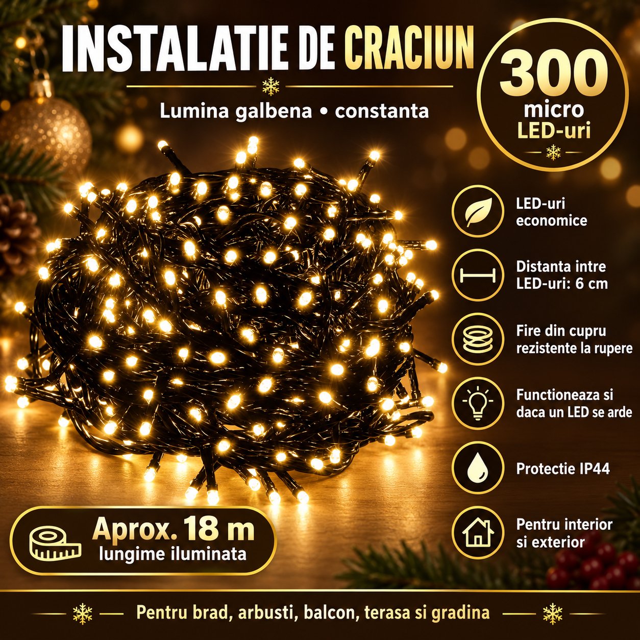Instalatie lumini pentru bradul de Craciun, 19,5 metri, 300 LED-uri, galben - imagine 2