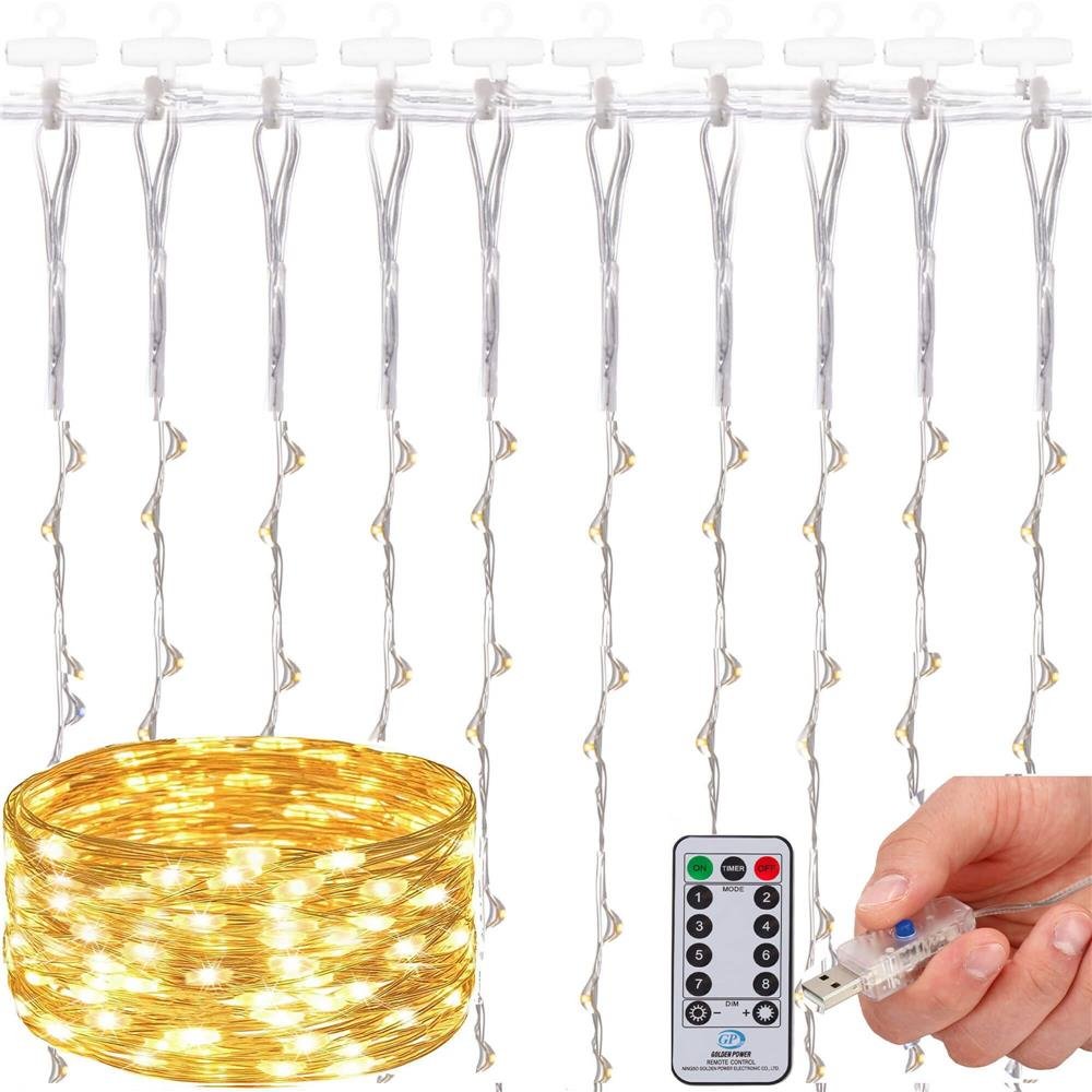 Ghirlanda luminoasa tip perdea 300 LED-uri, 3x3m, pentru interior, alimentare USB, alb cald (galben) - imagine 2