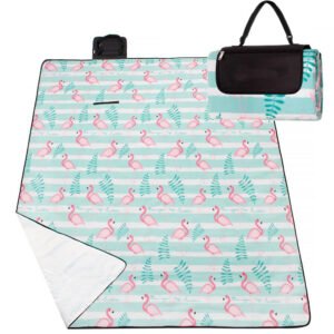 Patura pentru picnic sau plaja, cu folie izolatoare si maner, 200x200cm, flamingo, verde roz