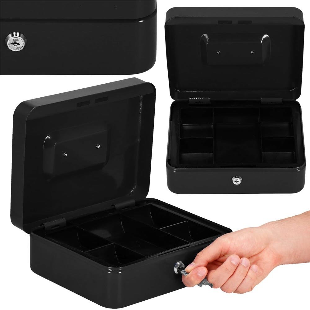 Caseta pentru bani tip cutie de valori, compartimentanta, cu cheie, metal, 30x24x9cm, negru - imagine 16