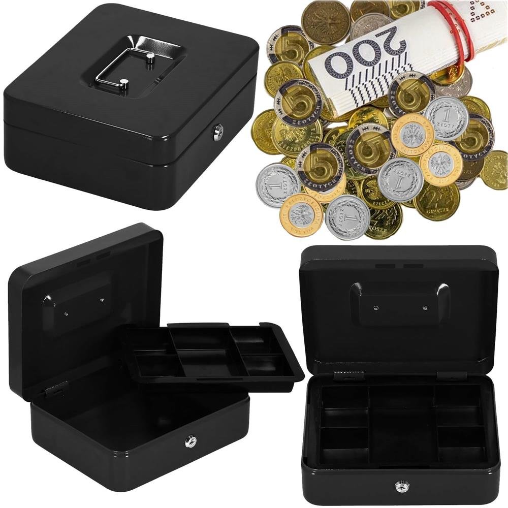 Caseta pentru bani tip cutie de valori, compartimentanta, cu cheie, metal, 30x24x9cm, negru - imagine 14