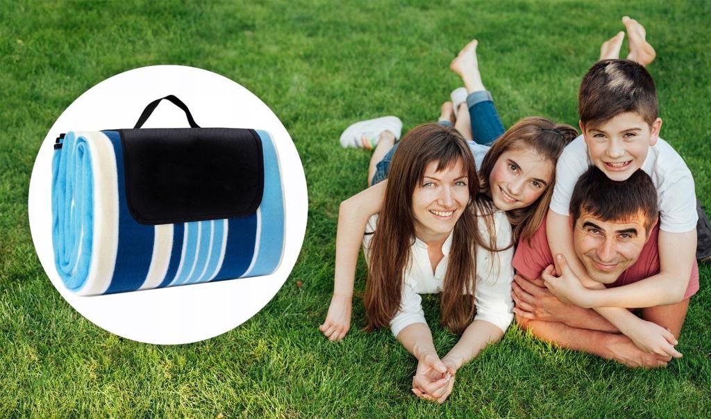 Patura pentru picnic sau plaja, cu folie izolatoare si maner, 200x200cm, alb albastru - imagine 7