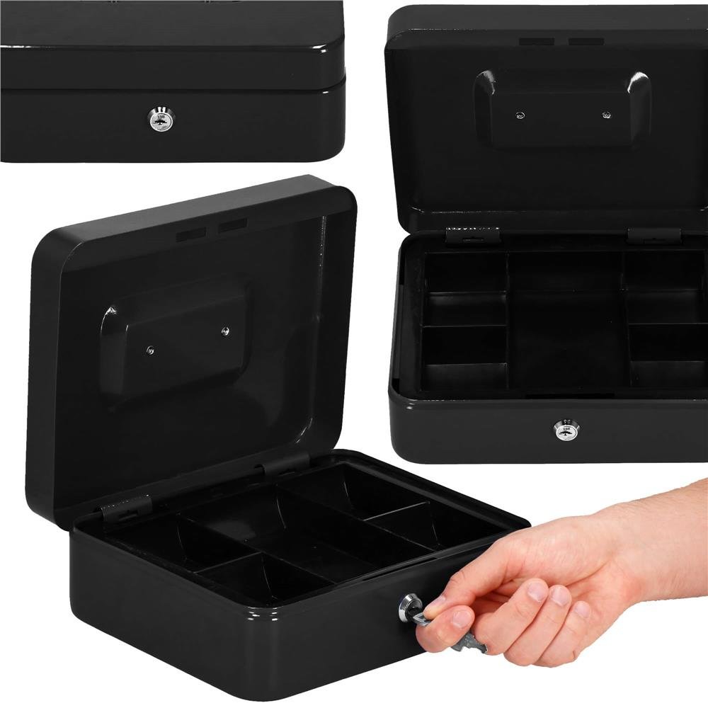 Caseta pentru bani tip cutie de valori, compartimentanta, cu cheie, metal, 30x24x9cm, negru - imagine 22