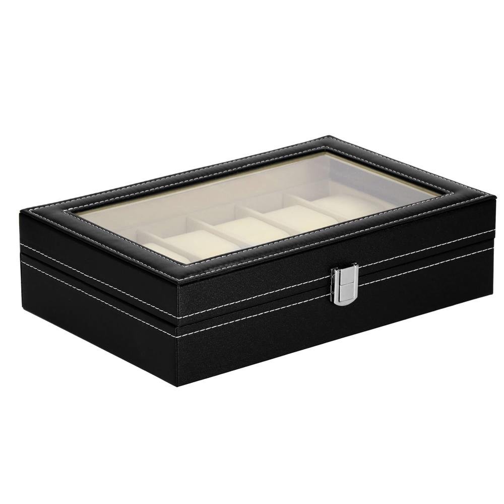 Cutie depozitare si organizare ceasuri, MDF, piele ecologica, 30x20x8cm, negru interior crem - imagine 3