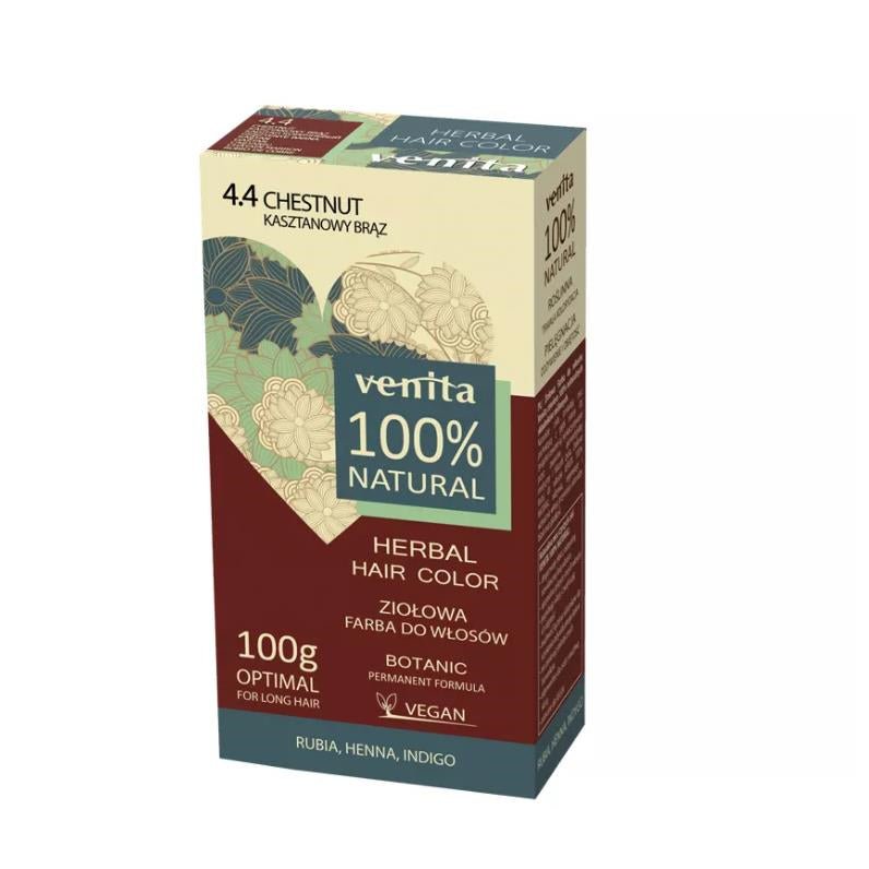 Vopsea de par pulbere, pe baza de plante, naturala 100%, Venita, Nr 4.4 Castaniu, 100 g