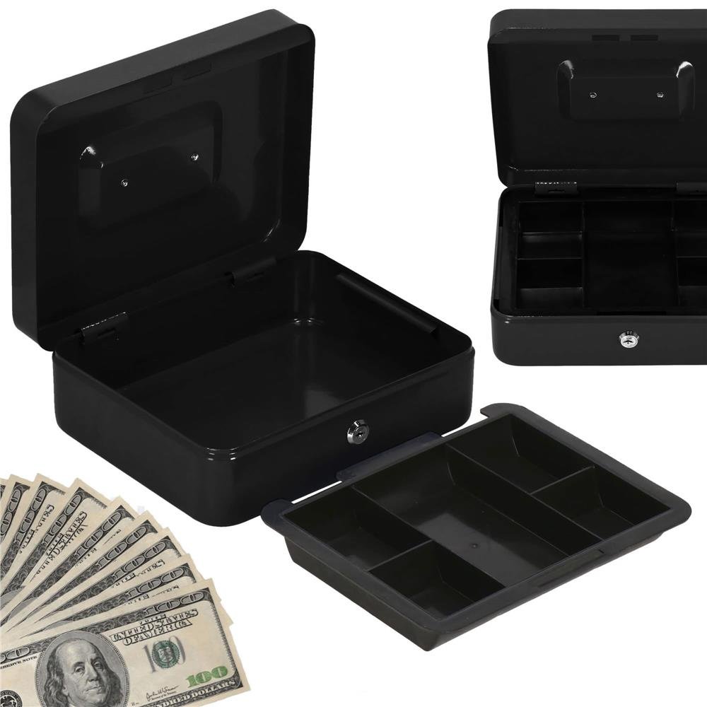 Caseta pentru bani tip cutie de valori, compartimentanta, cu cheie, metal, 30x24x9cm, negru - imagine 18