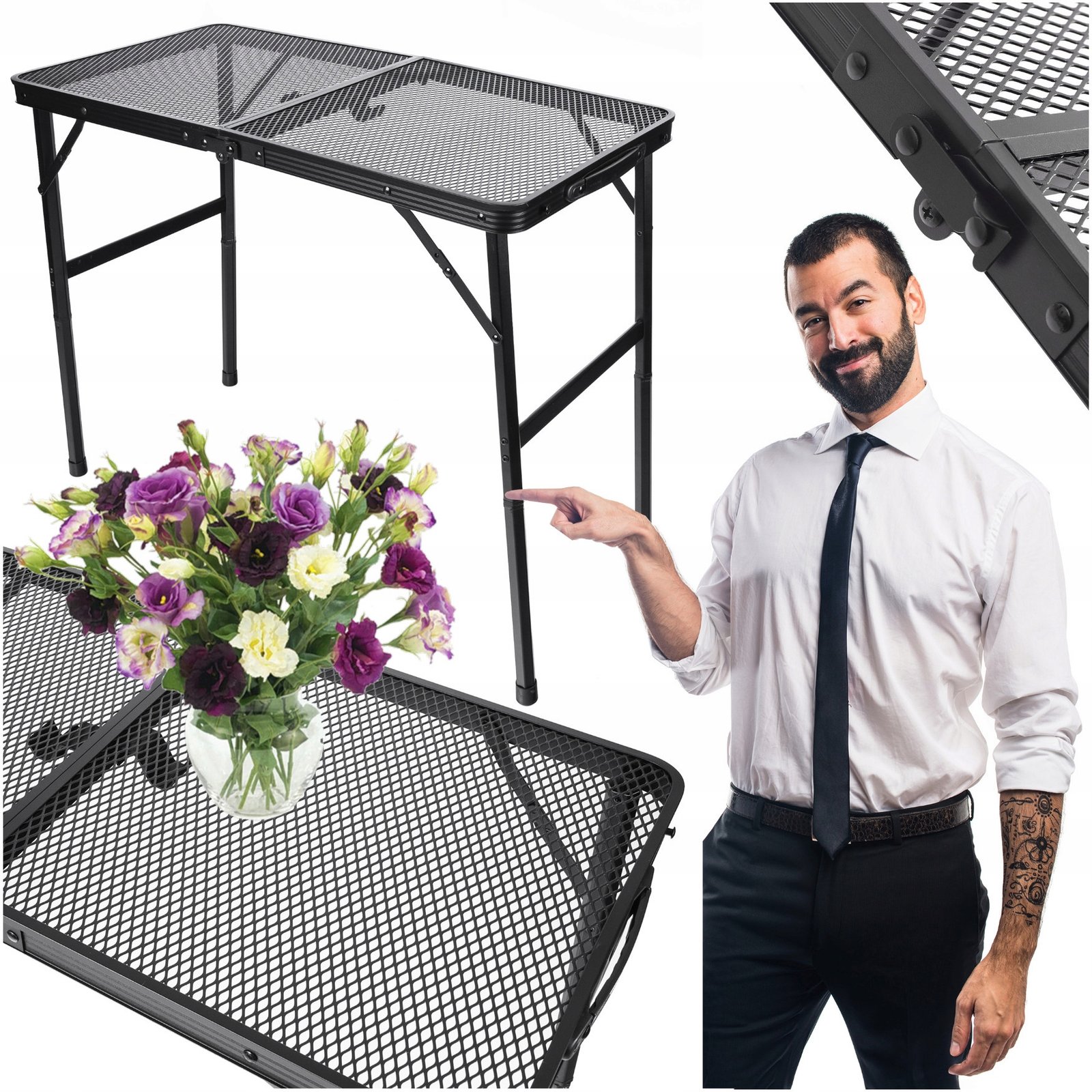 Masa pliabila metalica pentru gradina sau drumetie, 80x40x66cm, inaltime reglabila, neagra - imagine 2