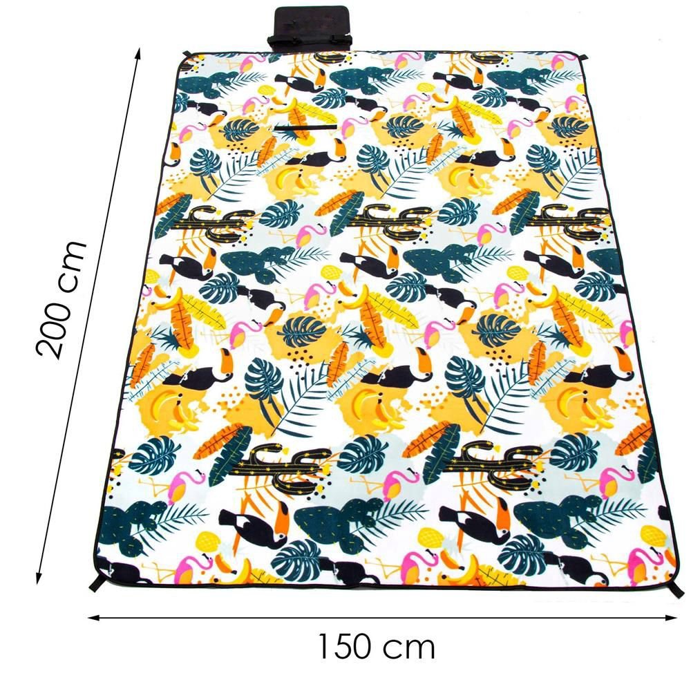 Patura pentru picnic sau plaja, cu folie izolatoare si maner, 150x200cm, model tropical, alb verde - imagine 8