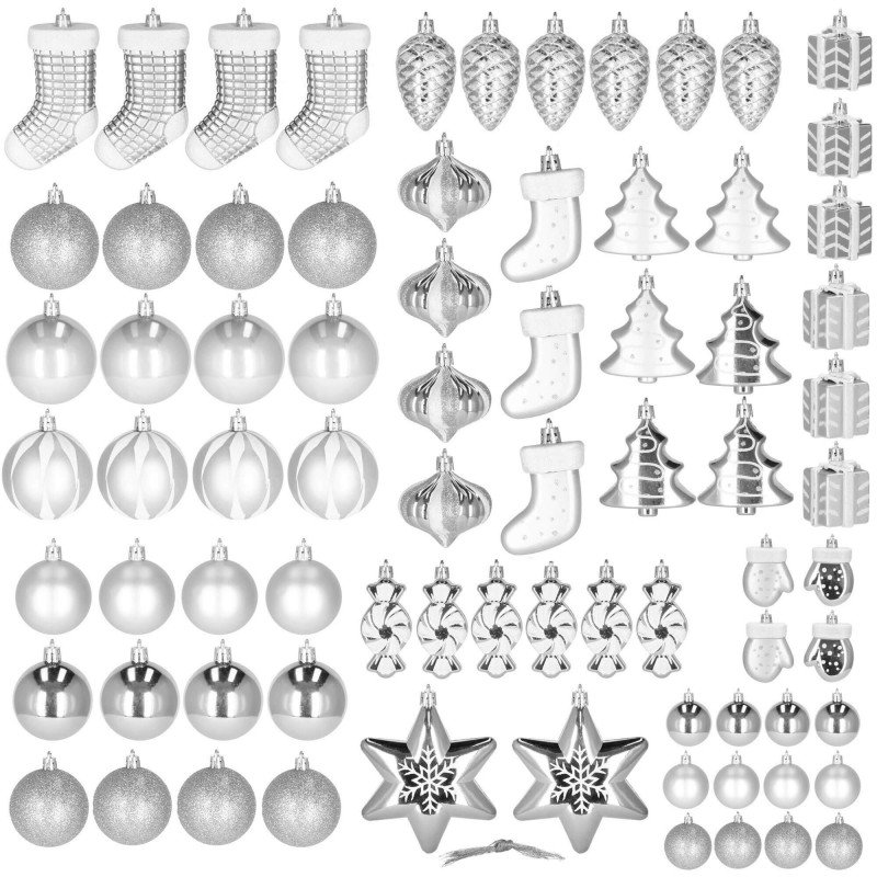 Set globuri si decoratiuni de Craciun, 77 piese, diverse dimensiuni, argintiu - imagine 3