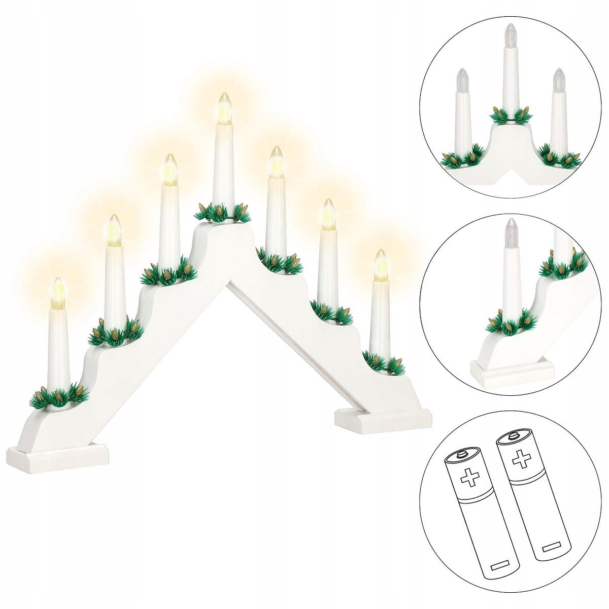 Sfesnic decorativ de Advent cu 7 lumanari LED si conuri, alb - imagine 15