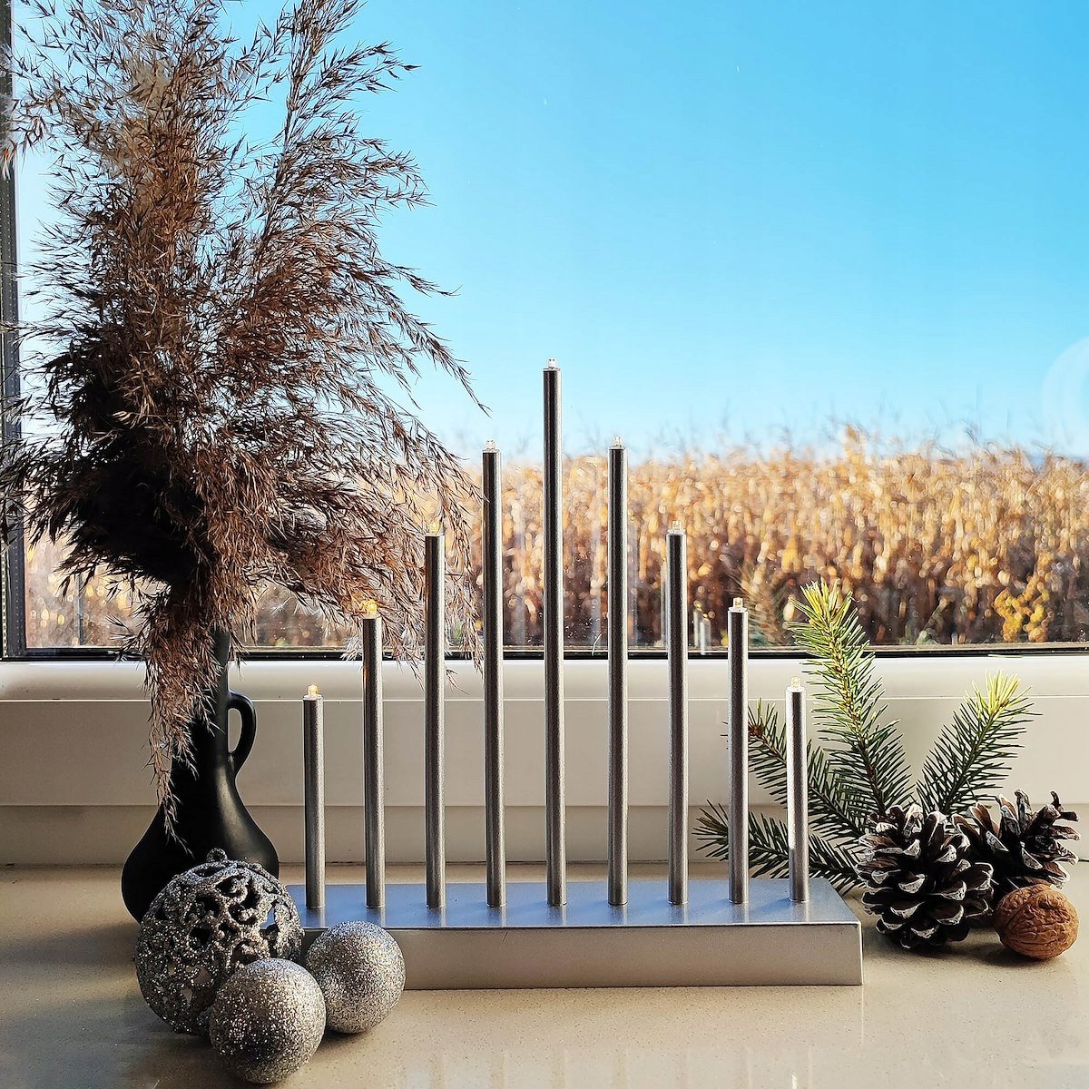 Sfesnic decorativ de Advent cu 9 lumanari LED, argintiu - imagine 2