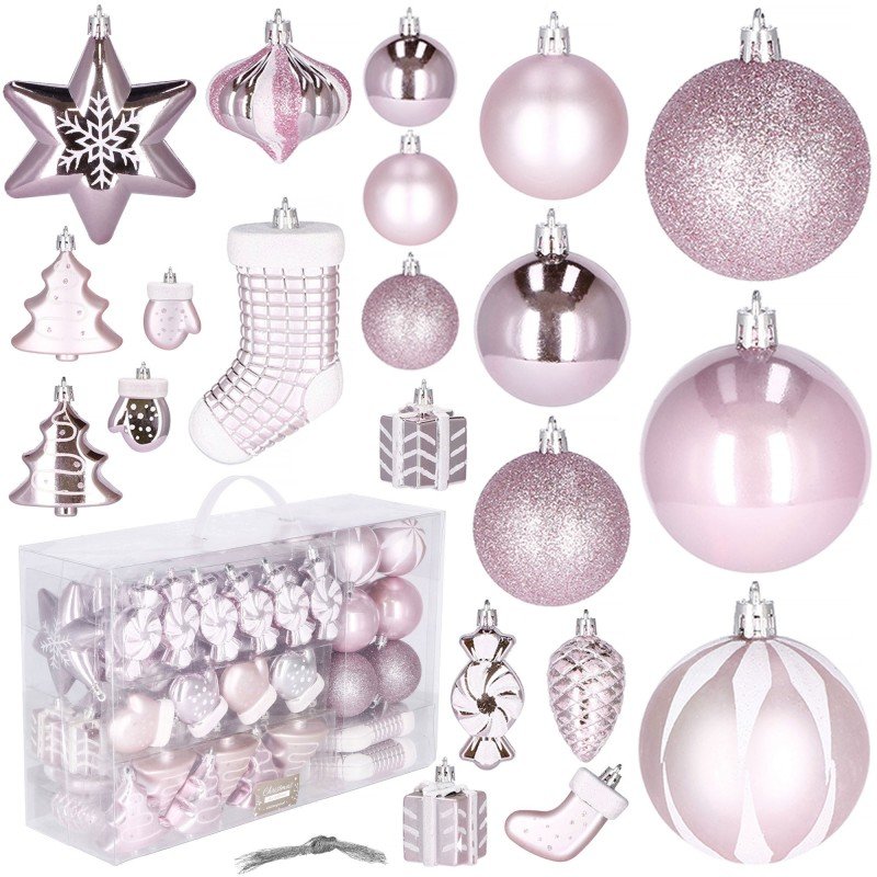 Set globuri si decoratiuni de Craciun, 77 piese, diverse dimensiuni, roz - imagine 2