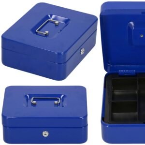 Caseta pentru bani tip cutie de valori, compartimentanta, cu cheie, metal, 20x16x9cm, albastru