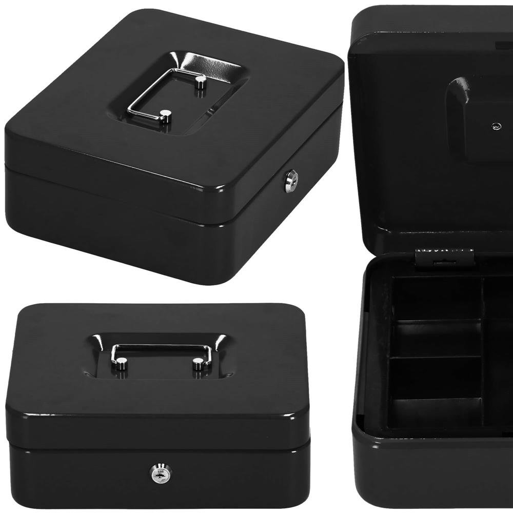 Caseta pentru bani tip cutie de valori, compartimentanta, cu cheie, metal, 30x24x9cm, negru - imagine 2