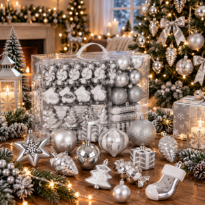 Set globuri si decoratiuni de Craciun, 77 piese, diverse dimensiuni, argintiu