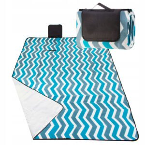 Patura pentru picnic sau plaja, cu folie izolatoare si maner, 160x200cm, alb albastru