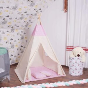 Cort copii Sersimo stil indian Teepee Tent cu fereastra, covoras gros si 2 perne, alb roz cu stelute