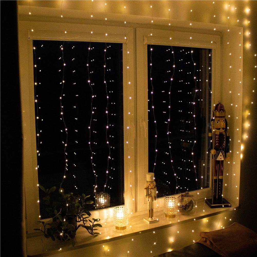 Perdea luminoasa 300 LED-uri, 3m, pentru interior/exterior, telecomanda, iluminare galbena