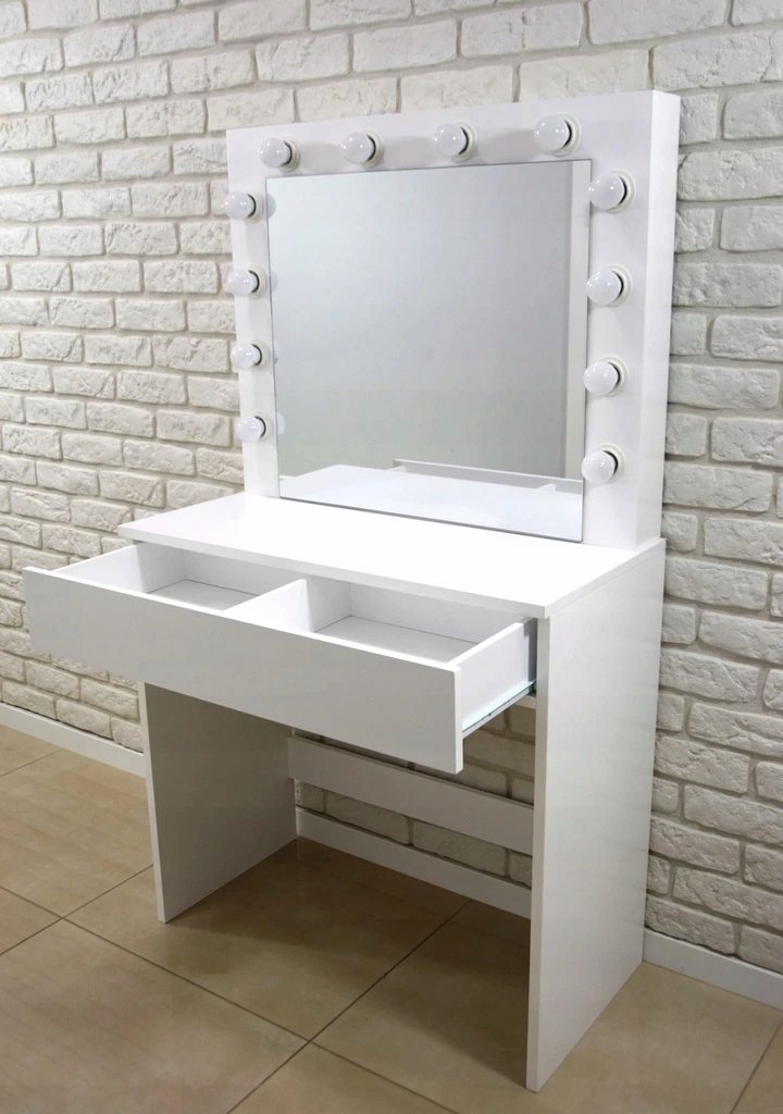 Masa de toaleta si machiaj Hollywood, alba, cu oglinda si 12 LED-uri, 80x40x140 cm - imagine 7