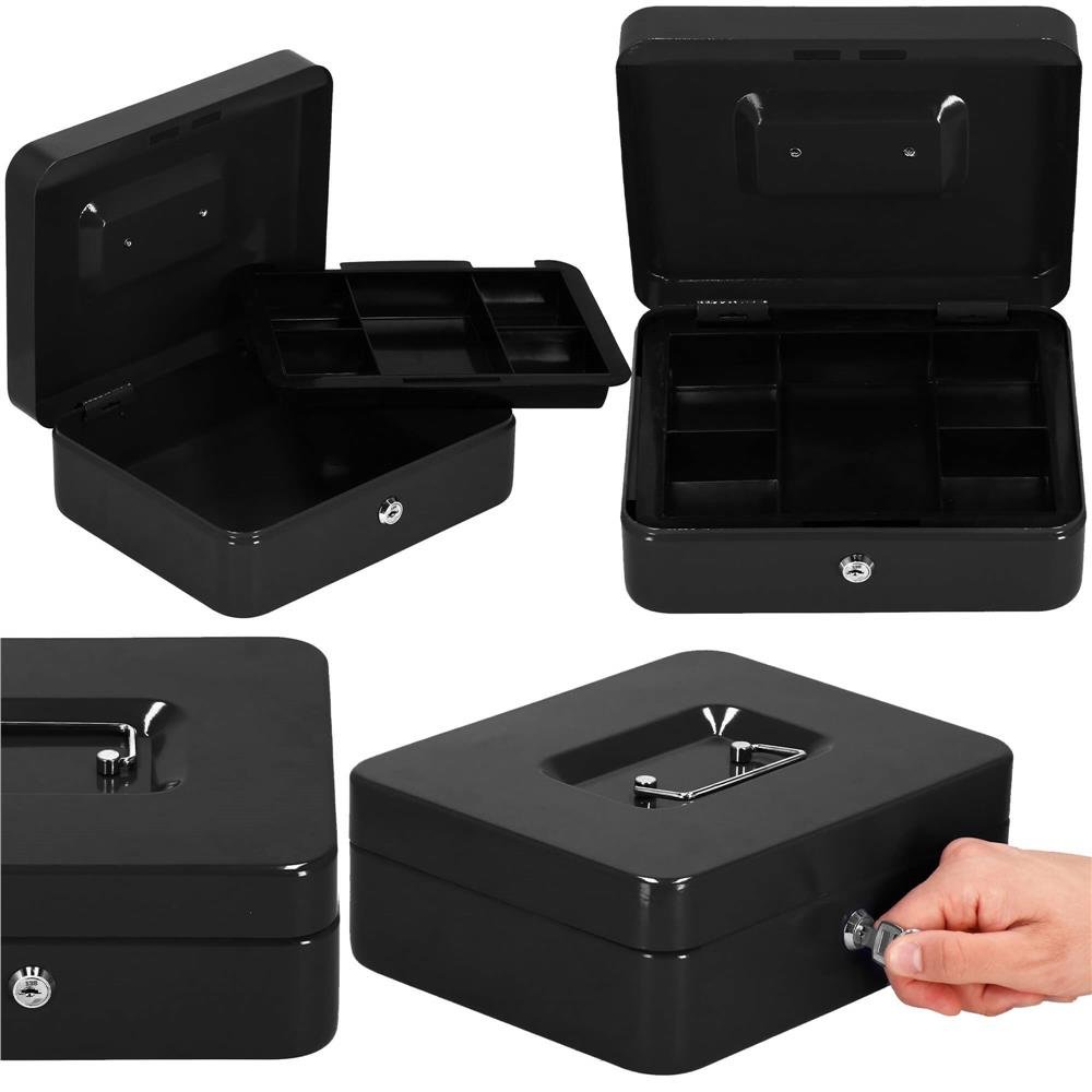 Caseta pentru bani tip cutie de valori, compartimentanta, cu cheie, metal, 30x24x9cm, negru - imagine 15