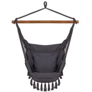 Hamac tip leagan suspendat pentru casa sau gradina HM45, gri inchis cu perne, 130x100cm, 150kg
