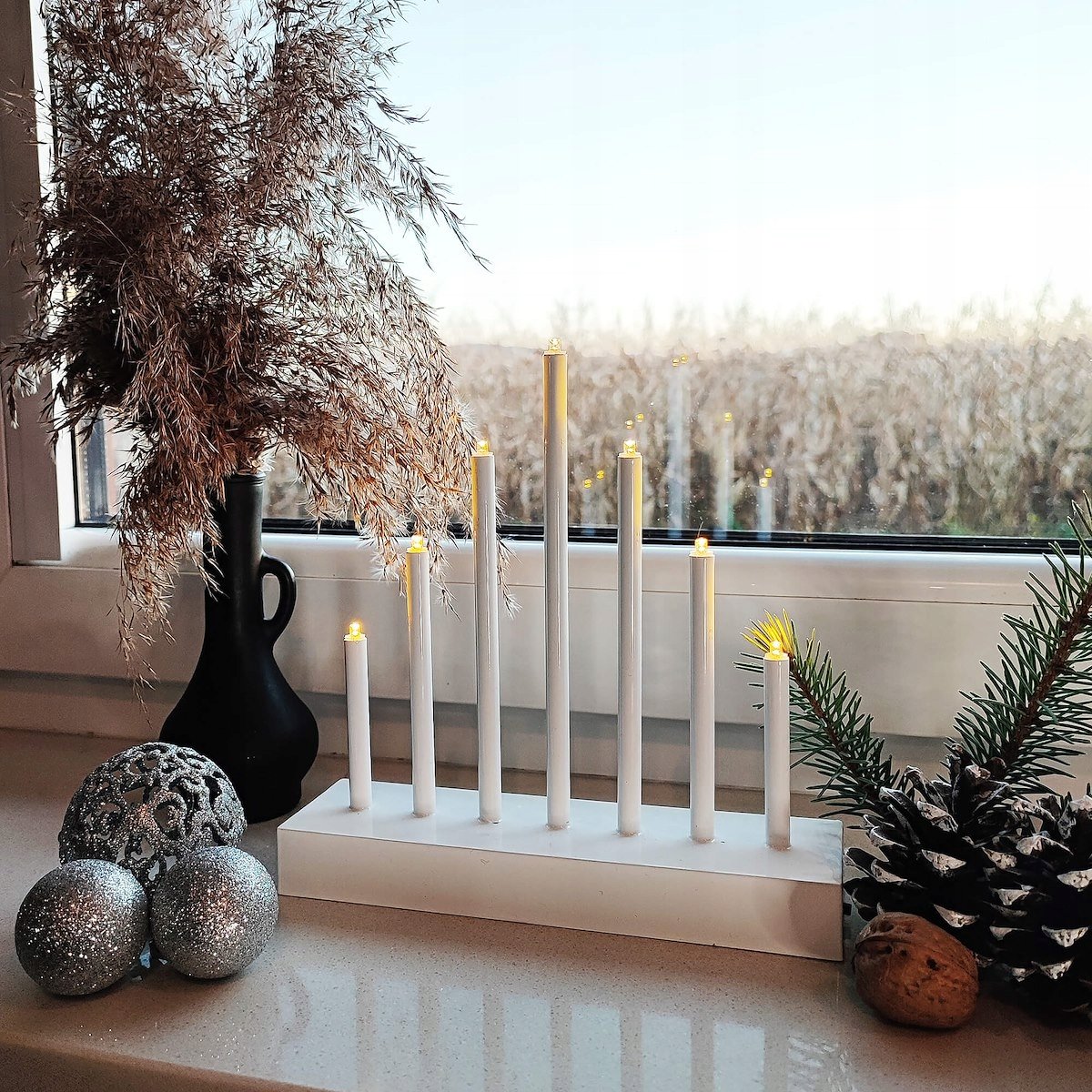 Sfesnic de Advent cu 7 lumanari LED, lumina alb cald, alimentare cu baterii, 21x20 cm - imagine 5