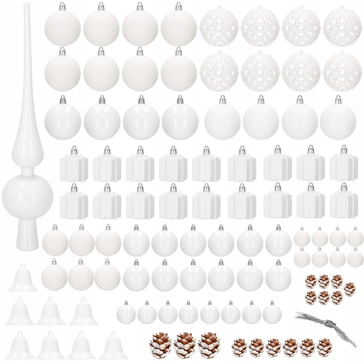Set globuri si decoratiuni de Craciun, 101 piese, diverse dimensiuni, alb - imagine 9