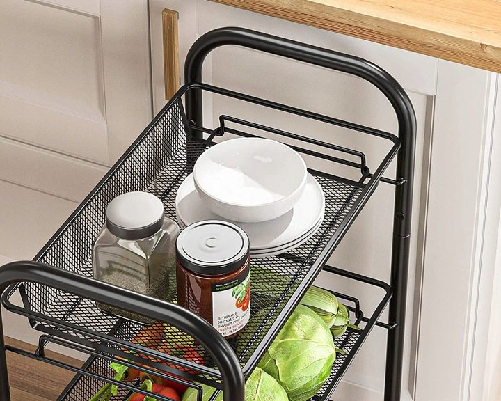 Raft metalic mobil tip carucior pentru bucatarie, 3 polite si 4 agatatori, negru, 44x26x64cm - imagine 6